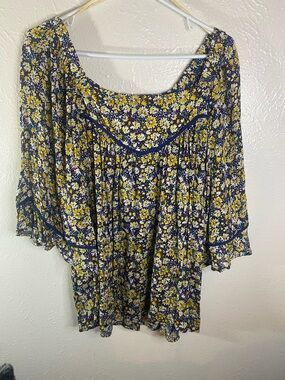 Democracy Yellow and Navy Floral Off-Shoulder Tunic